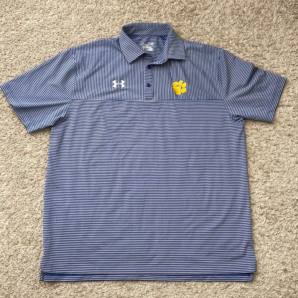 EUC Mens Under Armour HeatGear Blue/Gray Stripes Loose Short Sleeve Polo Size XL